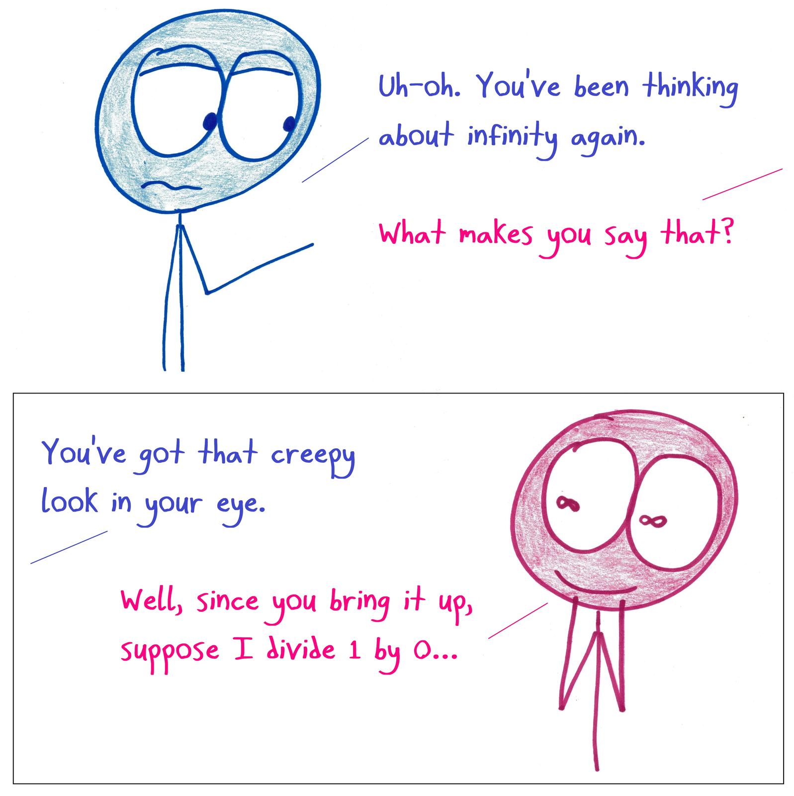 A friend's infinity-sign pupils give away that they're about to talk about dividing by zero.