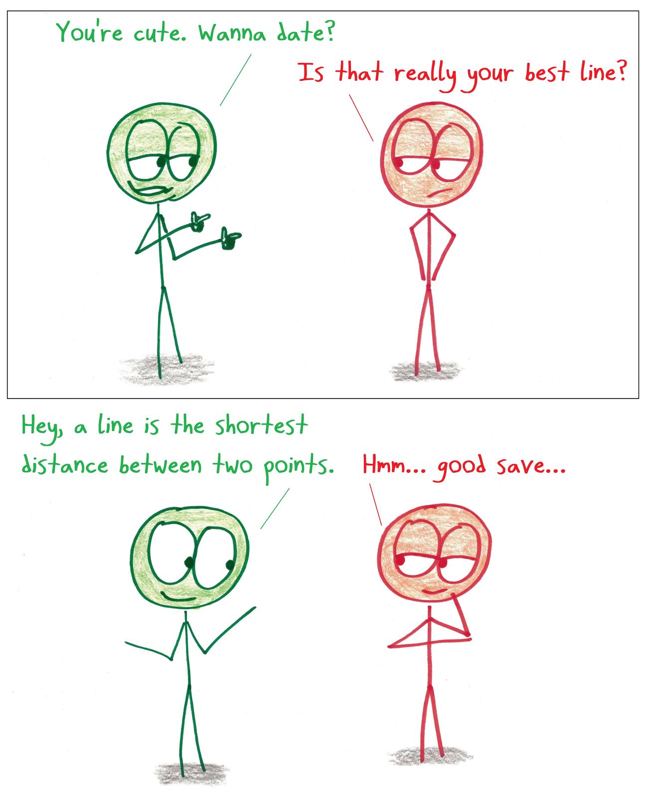 A flirt defends a short pickup line by noting that a line is the shortest distance between two points.