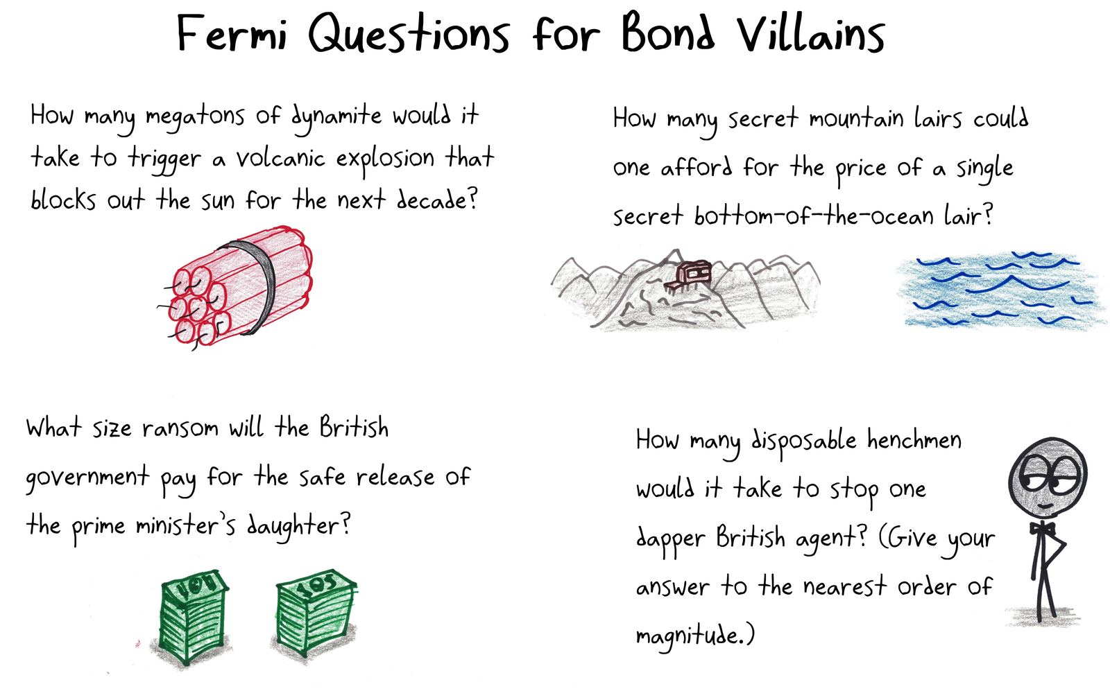 Four Fermi-estimation problems written for James Bond villains, with drawings of dynamite, lairs, cash and a tuxedoed agent.