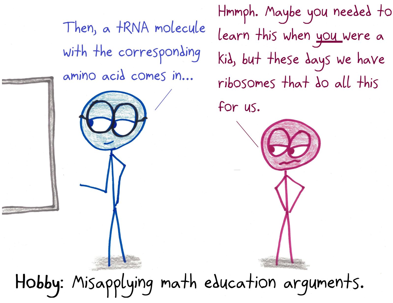 A student uses the 'we have calculators now' argument against learning about protein synthesis, since ribosomes do it for us.