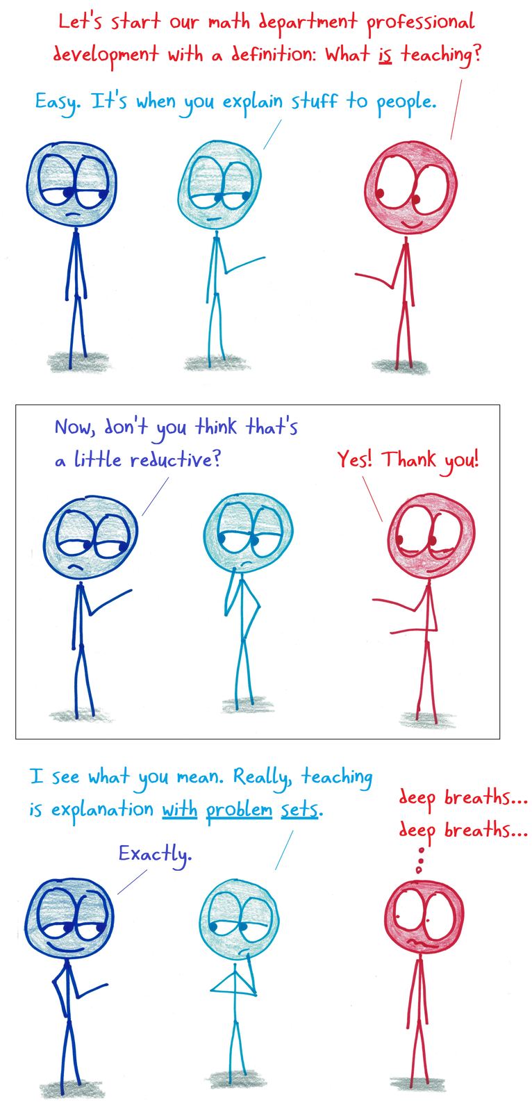 A professional-development leader asks math teachers to define teaching; their 'improved' answer is still just explanation plus problem sets.