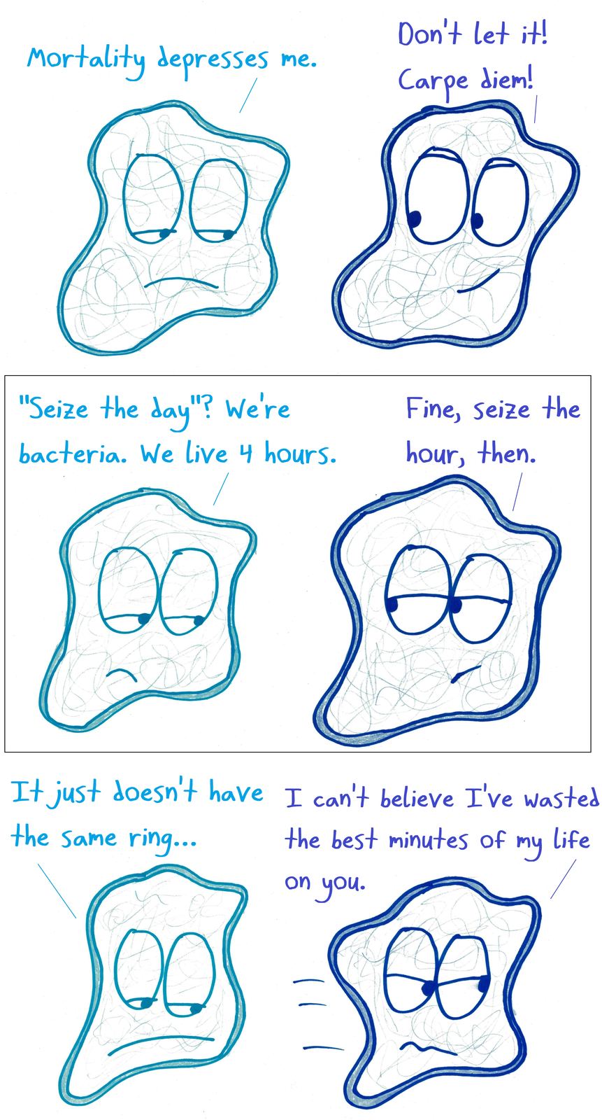Two bacteria with four-hour lifespans discuss 'carpe diem'; the motto doesn't scale down well.
