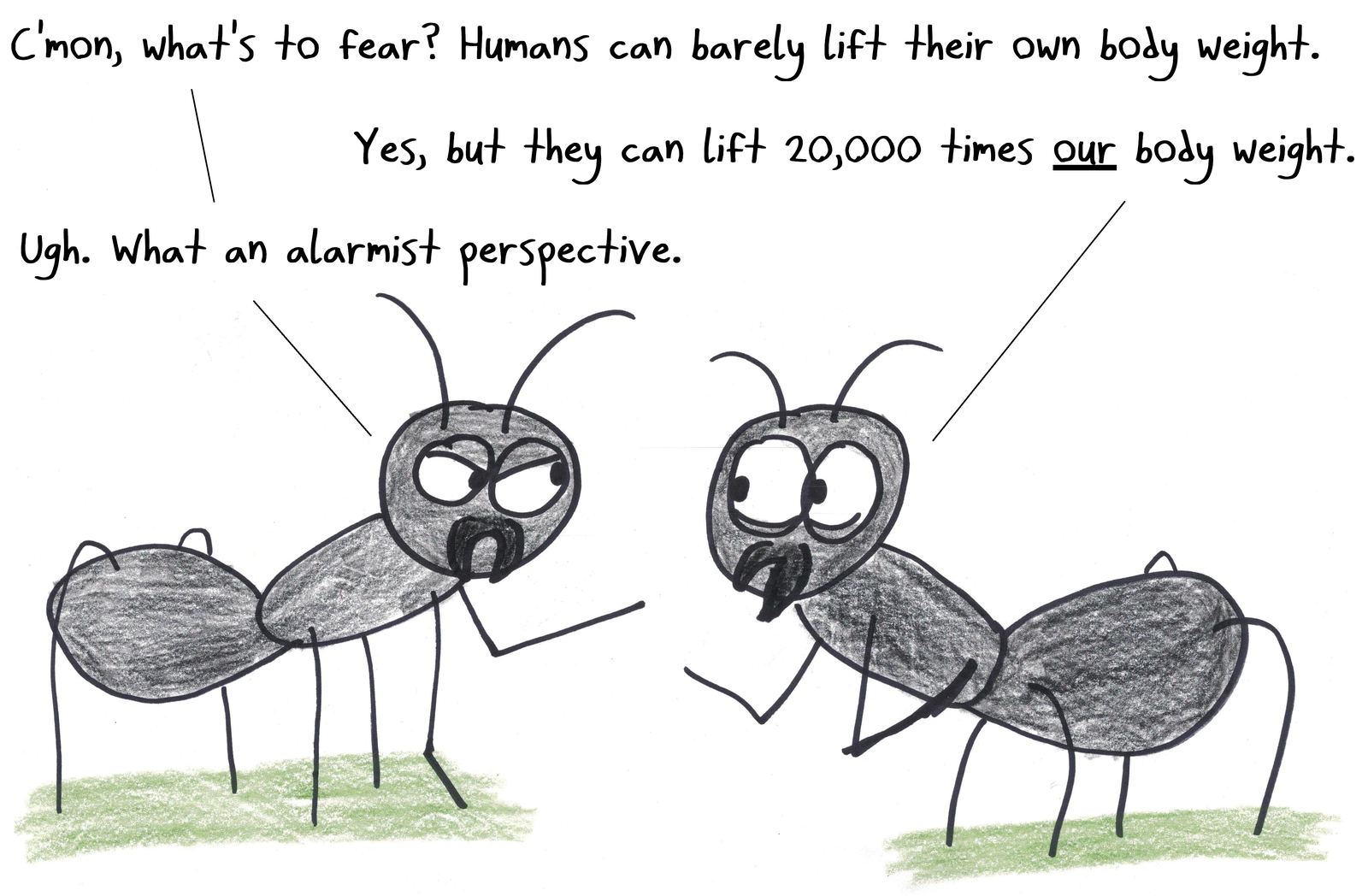 Two ants debate whether to fear humans: relative strength versus absolute strength.