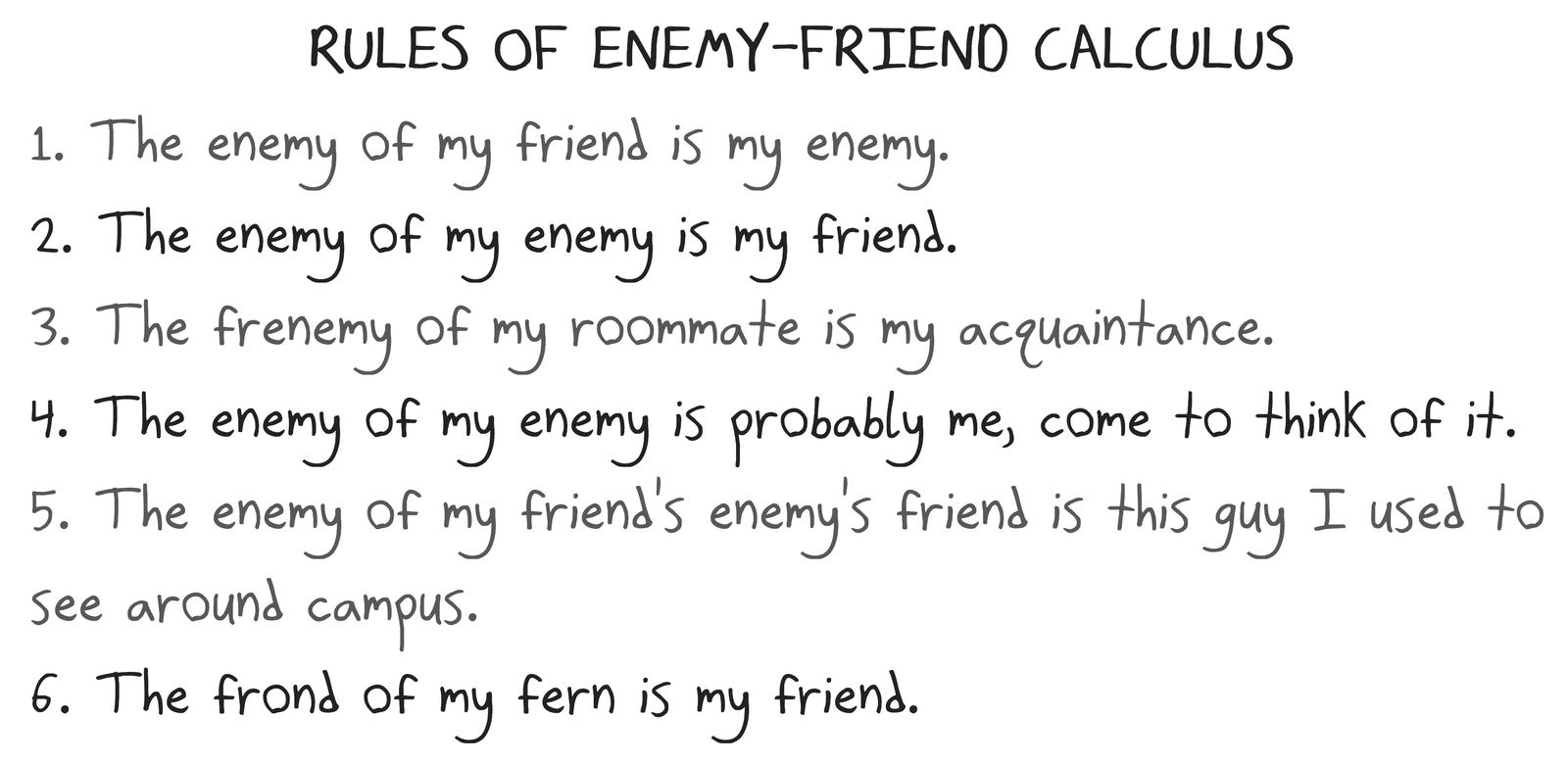 Text only: increasingly silly 'rules' extending 'the enemy of my enemy is my friend.'