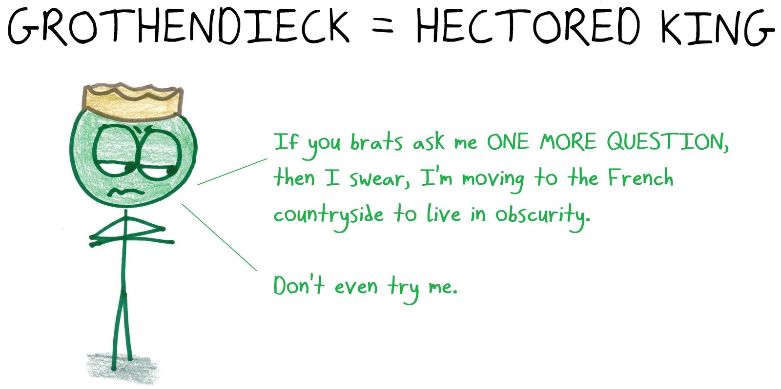 Grothendieck, king of algebraic geometry, hectored into retreating to the French countryside (as he really did). (An anagram.)