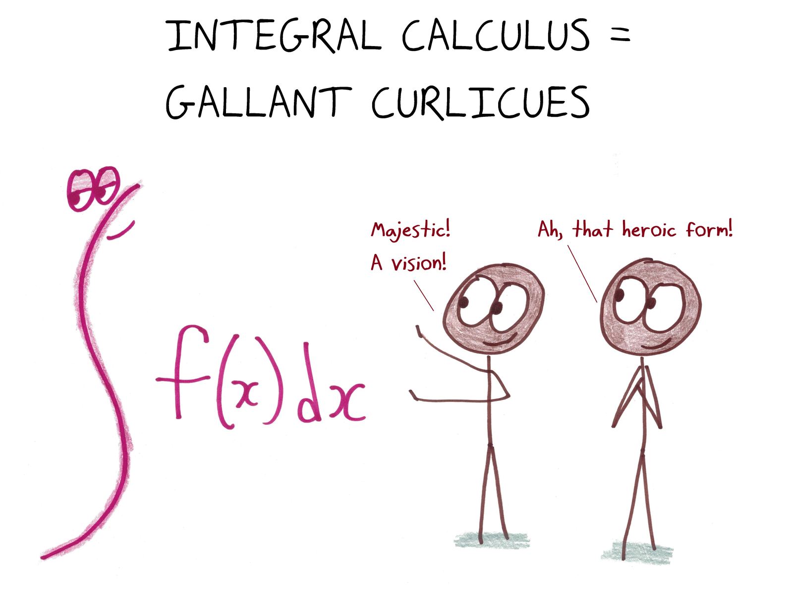 Two admirers swoon over the integral sign, the most gallant curlicue in mathematics. (An anagram.)