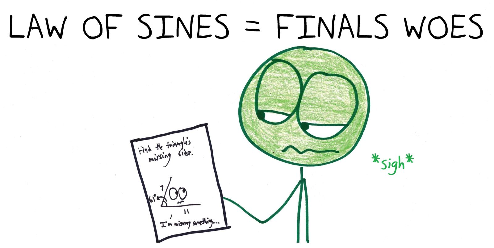 A student with law-of-sines finals woes, stuck on a triangle's missing side. (An anagram.)