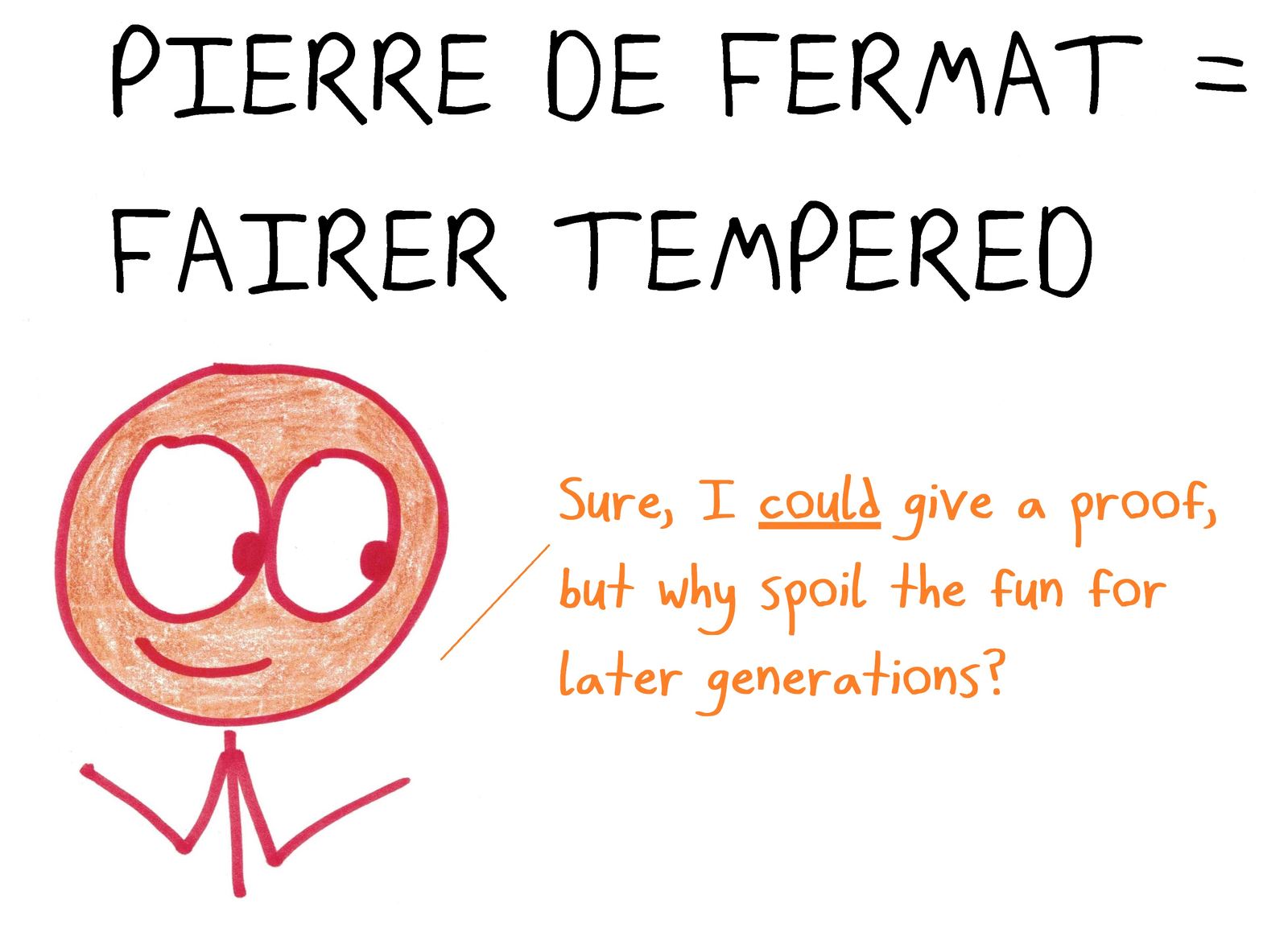 Fermat, fair-tempered, explains why he left out the proof of his Last Theorem: why spoil the fun for later generations? (An anagram.)