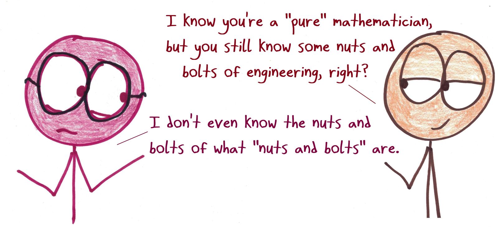 A pure mathematician admits to not even knowing the 'nuts and bolts' of what nuts and bolts are.