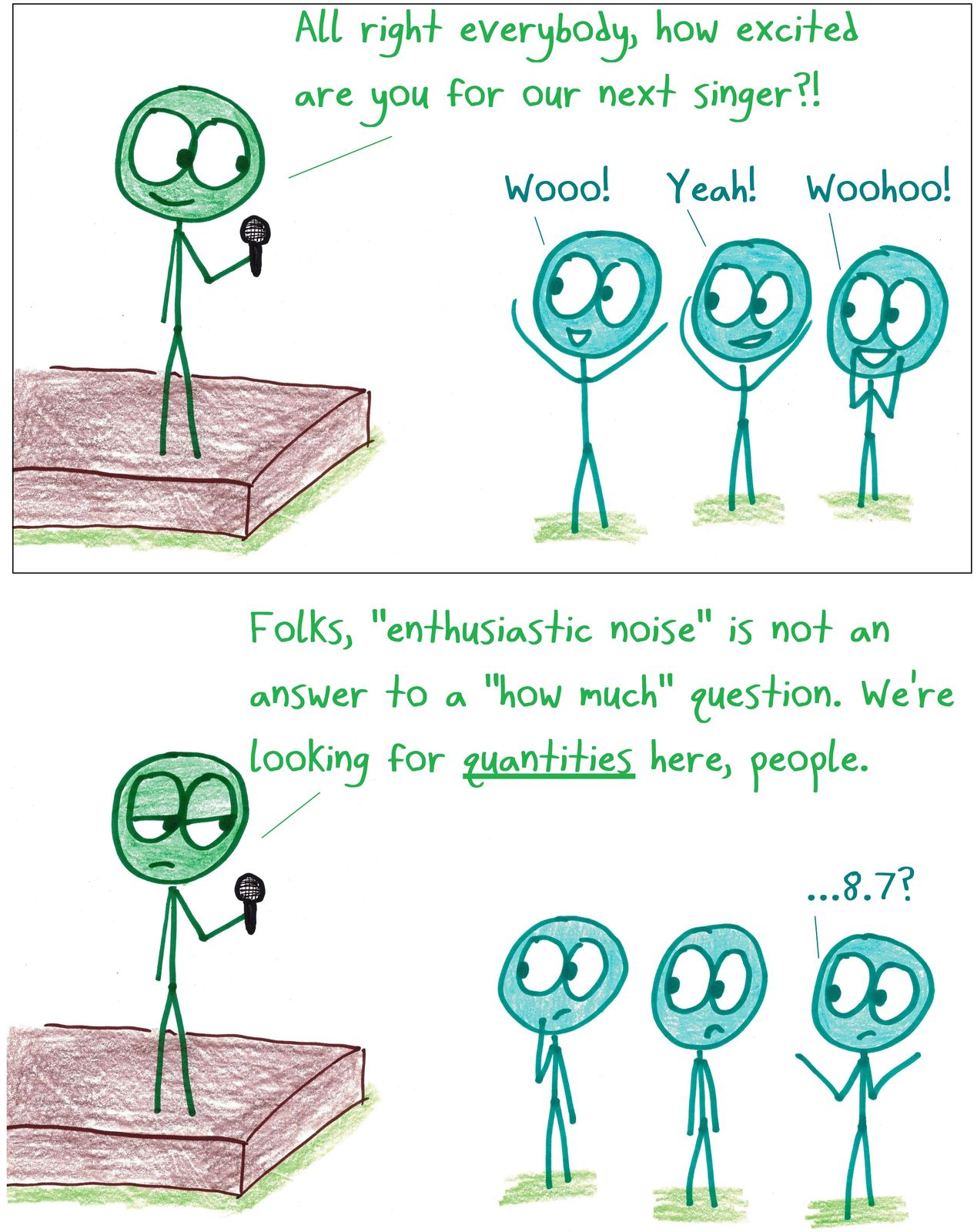 A pedantic emcee insists that 'how excited are you?' needs a numerical answer.