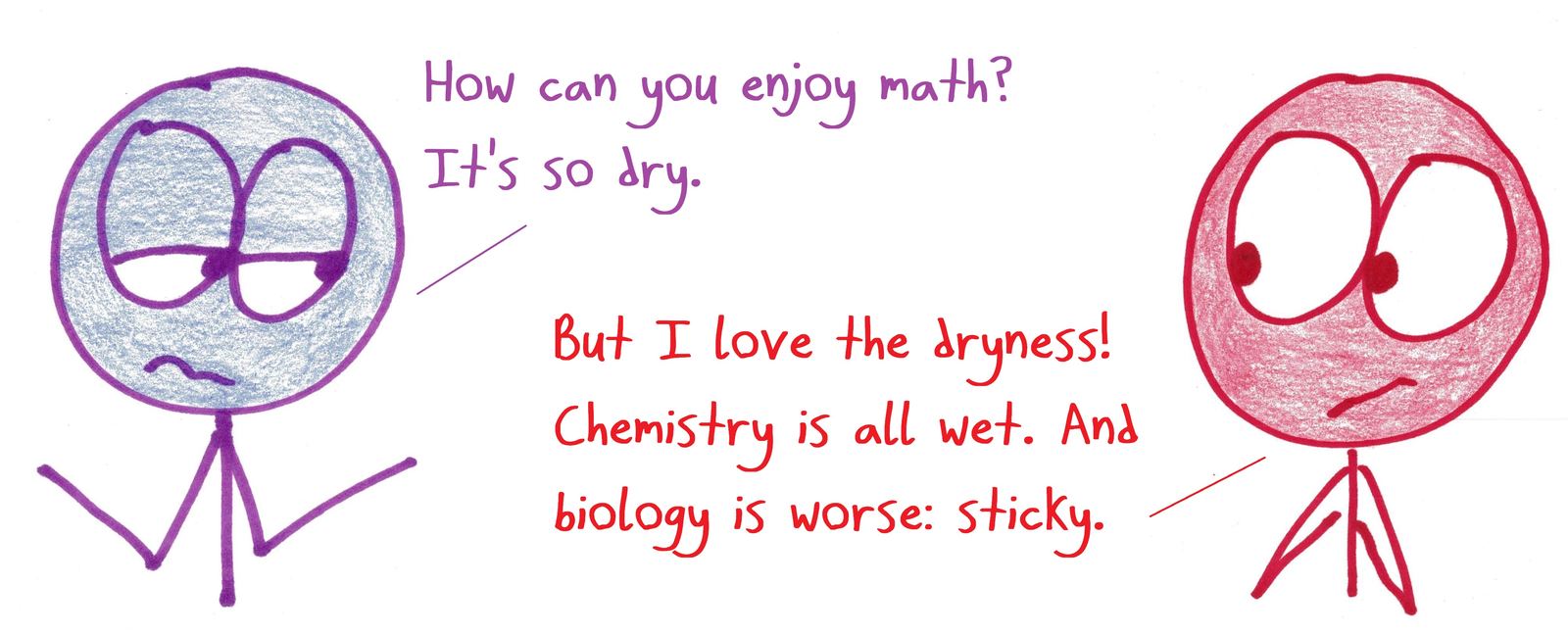 A math lover takes 'dry' literally, preferring math to wet chemistry and sticky biology.