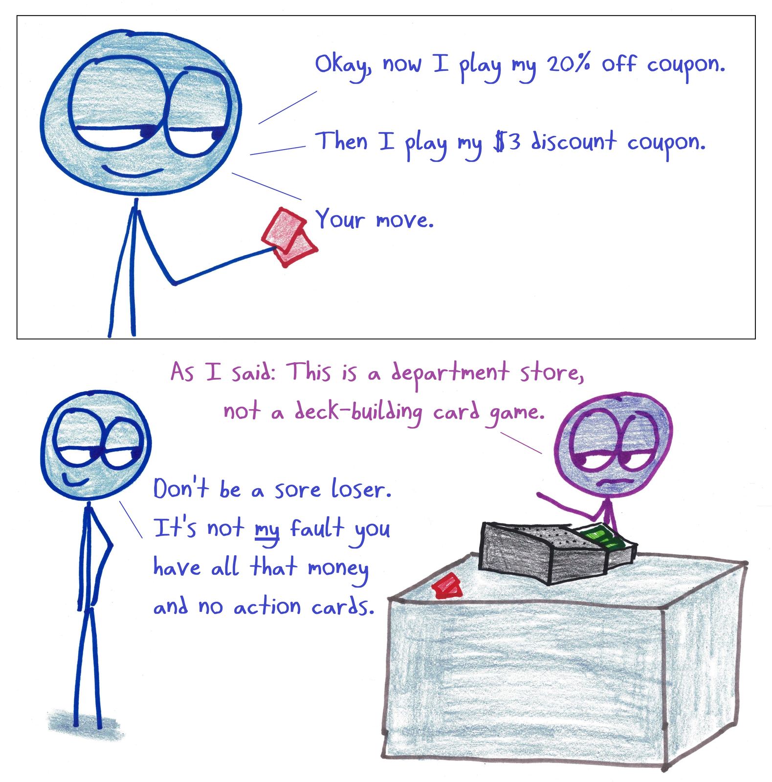 A shopper plays discount coupons at the register like cards in a deck-building game.