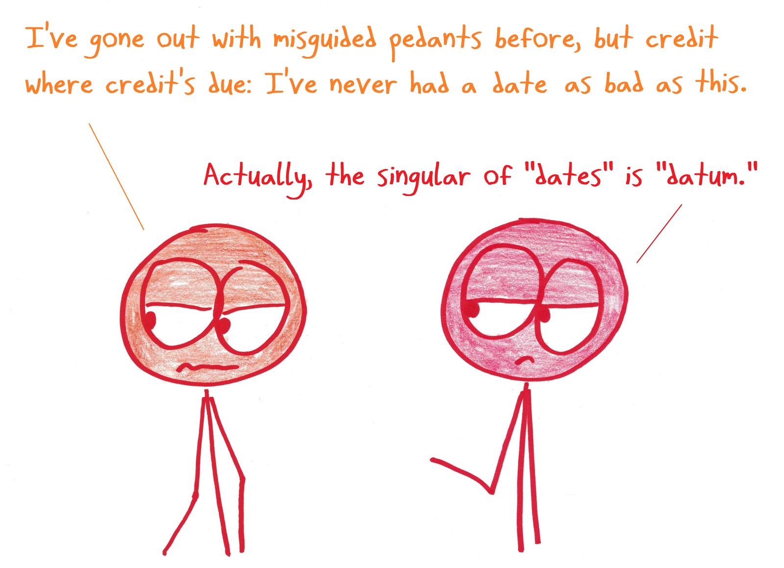 A pedant on a date insists the singular of 'dates' is 'datum,' misapplying data/datum.