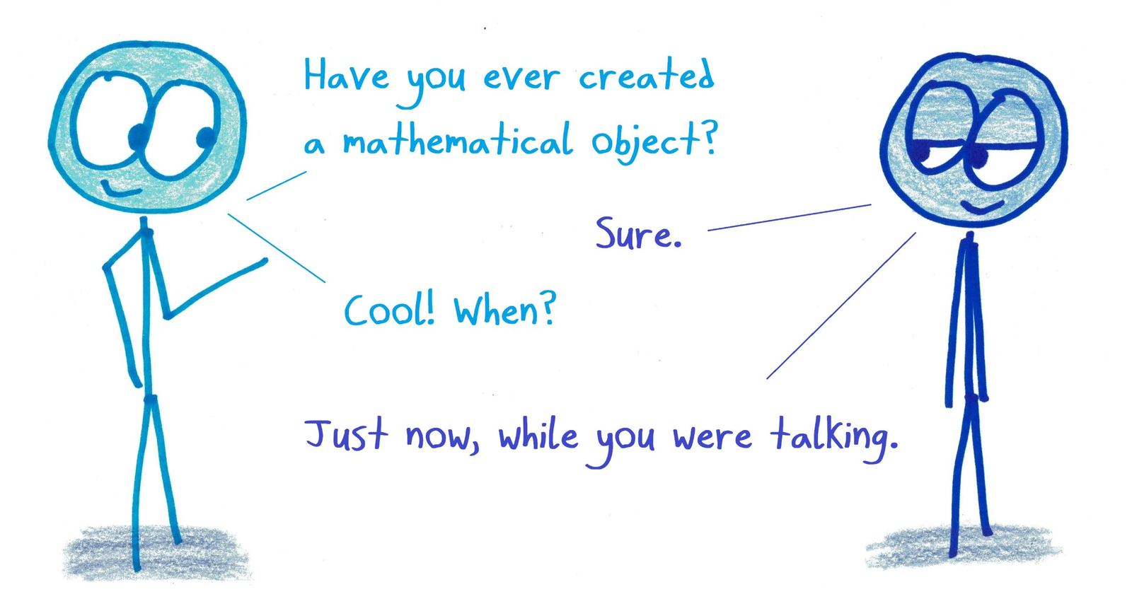 Asked whether they've ever created a mathematical object, a mathematician says yes: just now, while you were talking. Making new math objects is easier (and more casual) than it sounds.