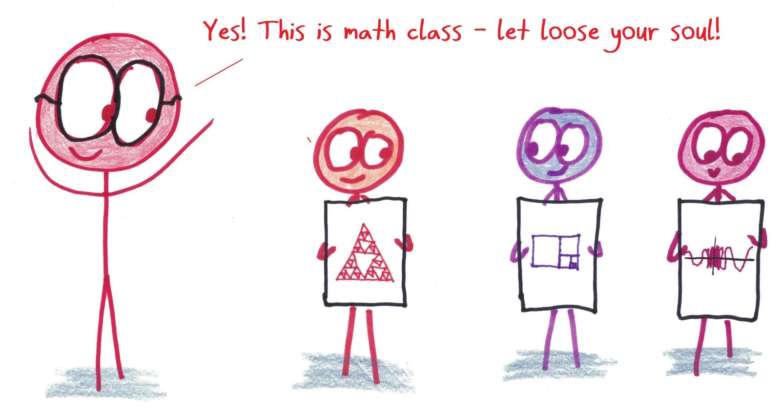 A math teacher encourages creative expression, and the students proudly display their own mathematical art: a fractal, a golden rectangle and a wiggly graph.
