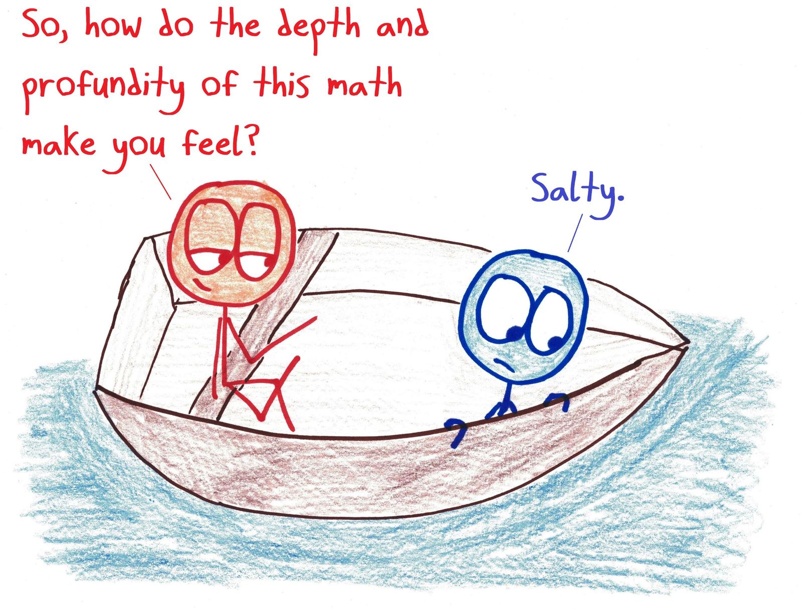 Out at sea in a little boat, a teacher asks how the depth and profundity of the math make the student feel. The student, adrift and unimpressed, answers: "Salty."