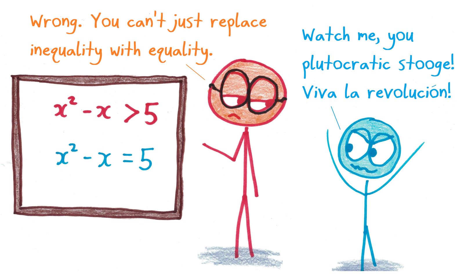A student who swaps an inequality sign for an equals sign defends it as a revolutionary act.