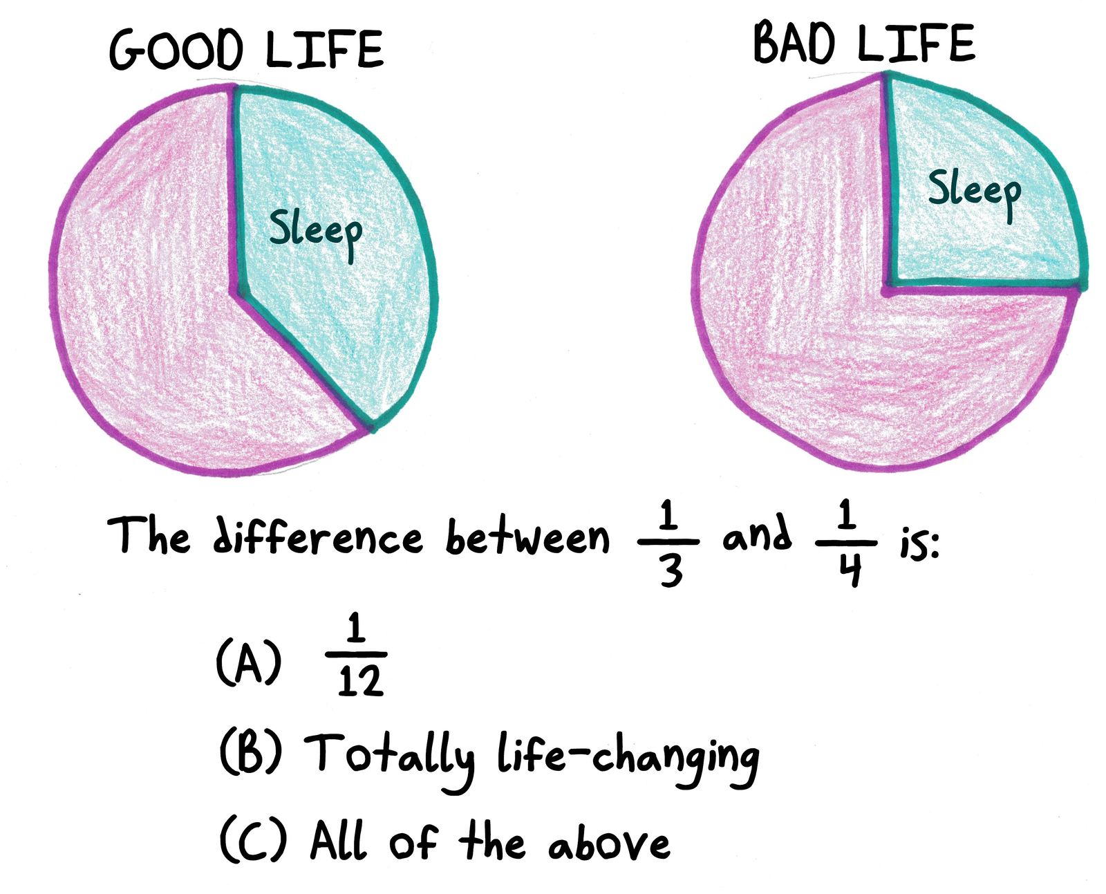 Two pie charts show sleep as 1/3 versus 1/4 of a day, with a multiple-choice question on the difference.