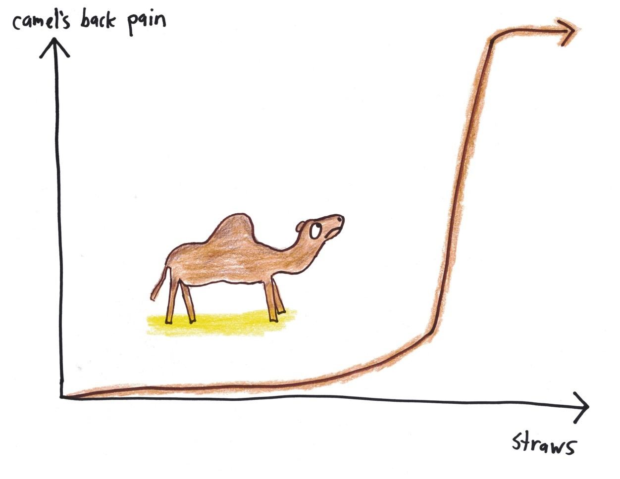 The straw that broke the camel's back, graphed: the pain barely rises with each straw, then suddenly spikes.