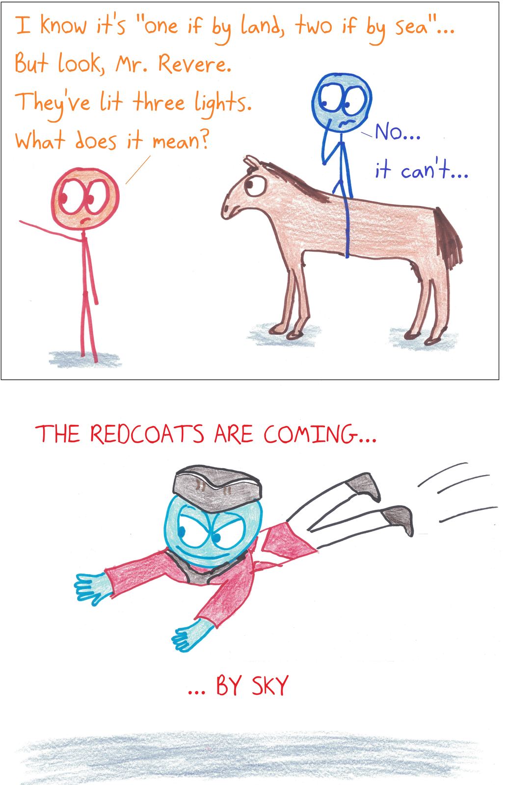 Paul Revere sees three lanterns instead of one or two, and the redcoats arrive flying.