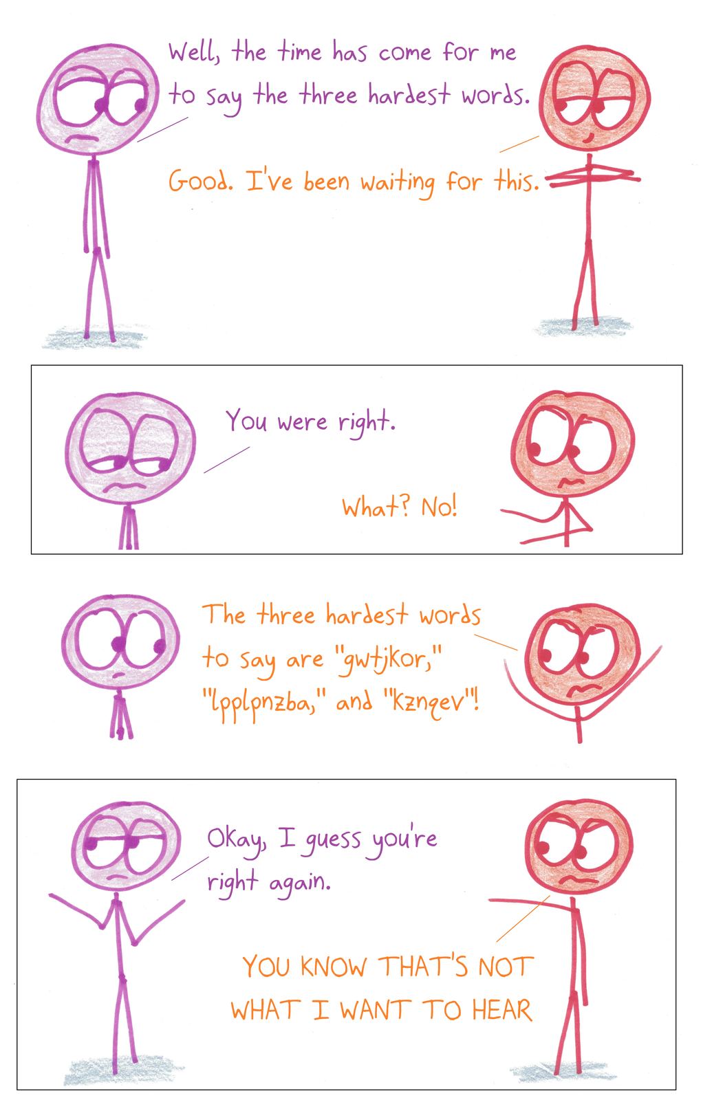 Someone finally admits 'you were right'; the other insists the three hardest words are unpronounceable strings, which gets them told they're right again.