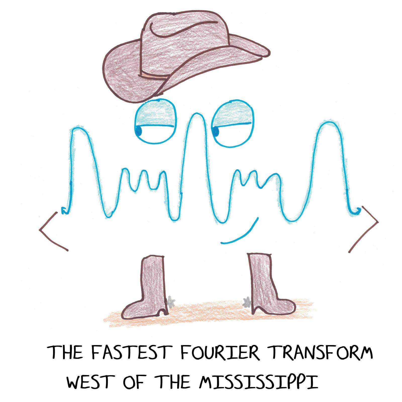 A wavy signal-shaped character in a cowboy hat and boots, a pun on the Fast Fourier Transform and 'fastest gun in the West.'