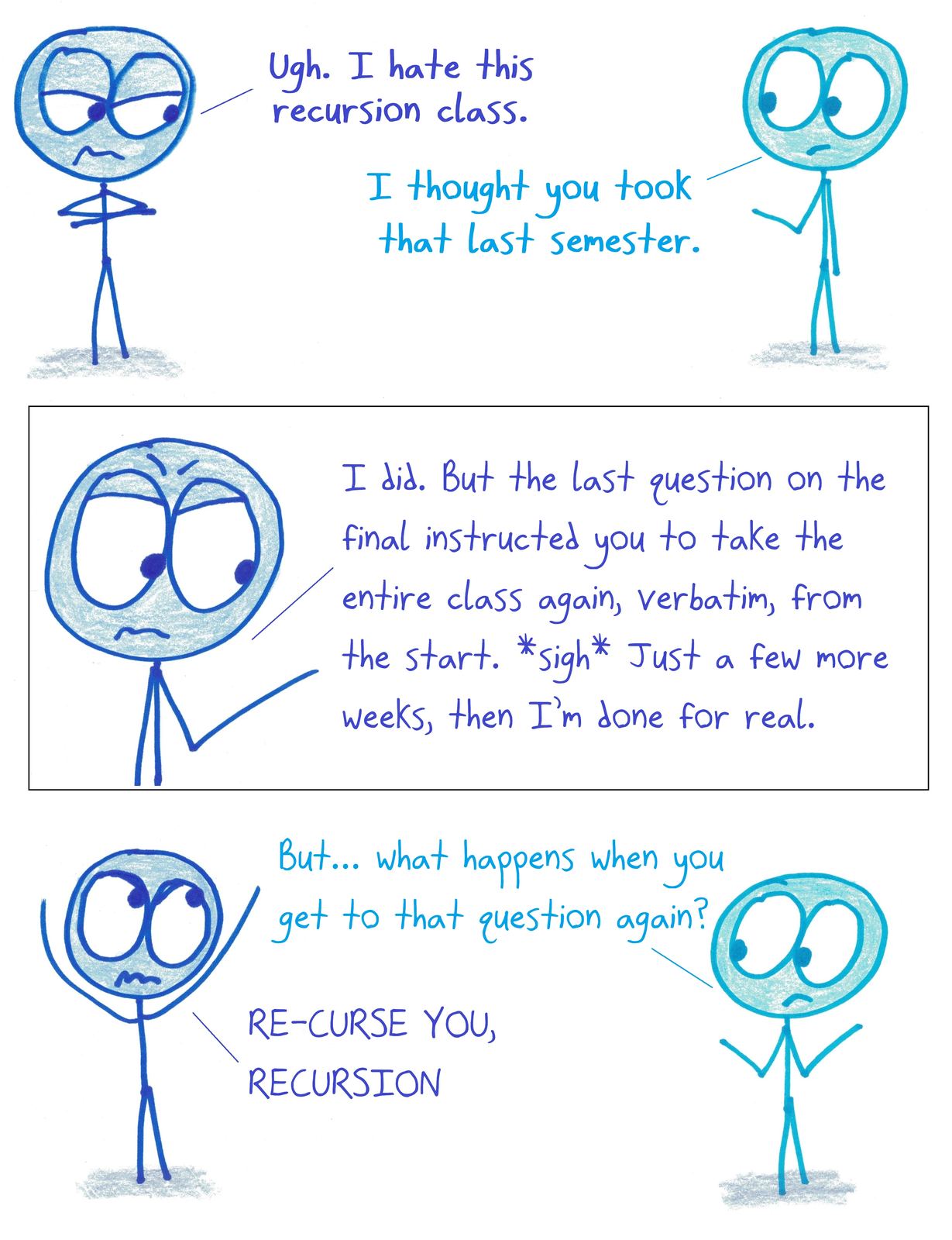 A student is stuck retaking a recursion class whose final exam tells you to retake the class, a loop with no base case.