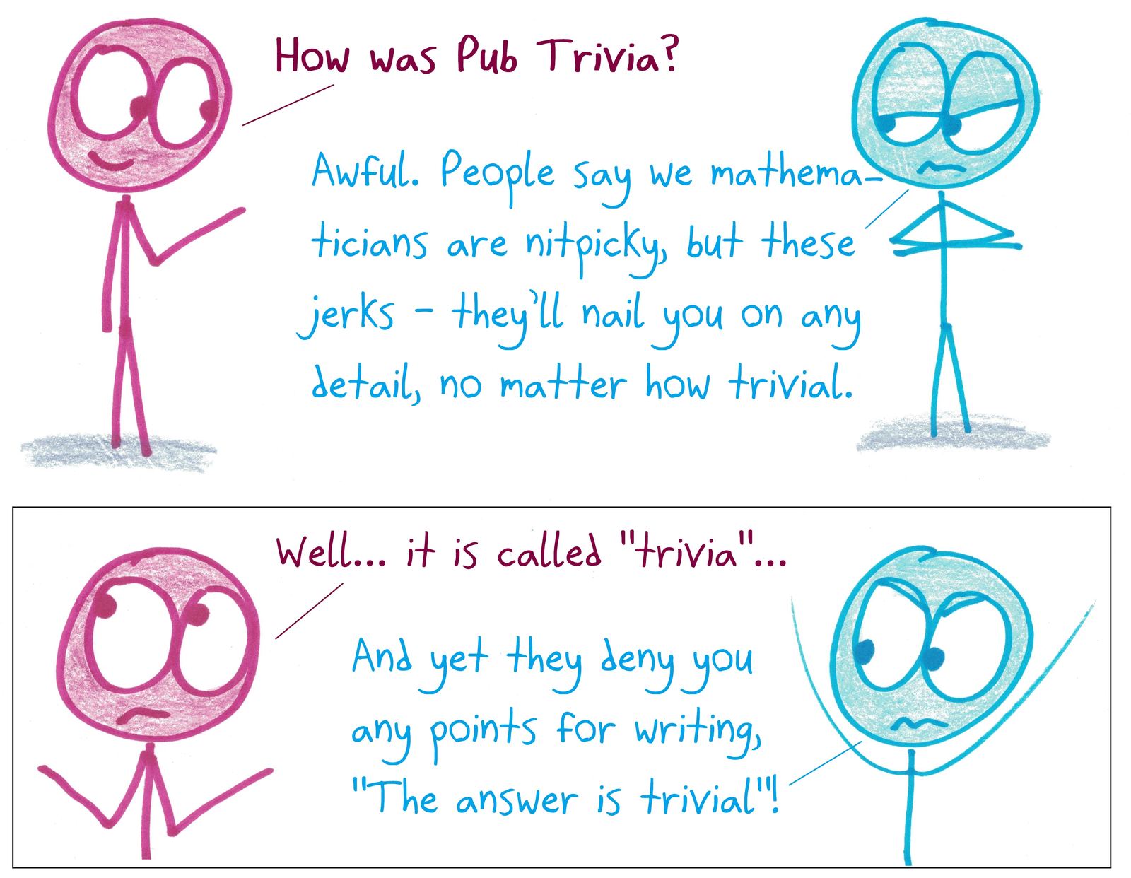 A mathematician complains that pub trivia won't accept 'the answer is trivial.'
