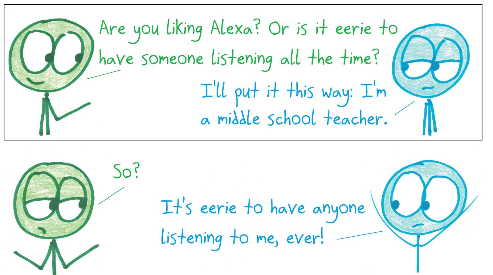 A middle school teacher finds a listening smart speaker eerie only because no one ever listens to them.