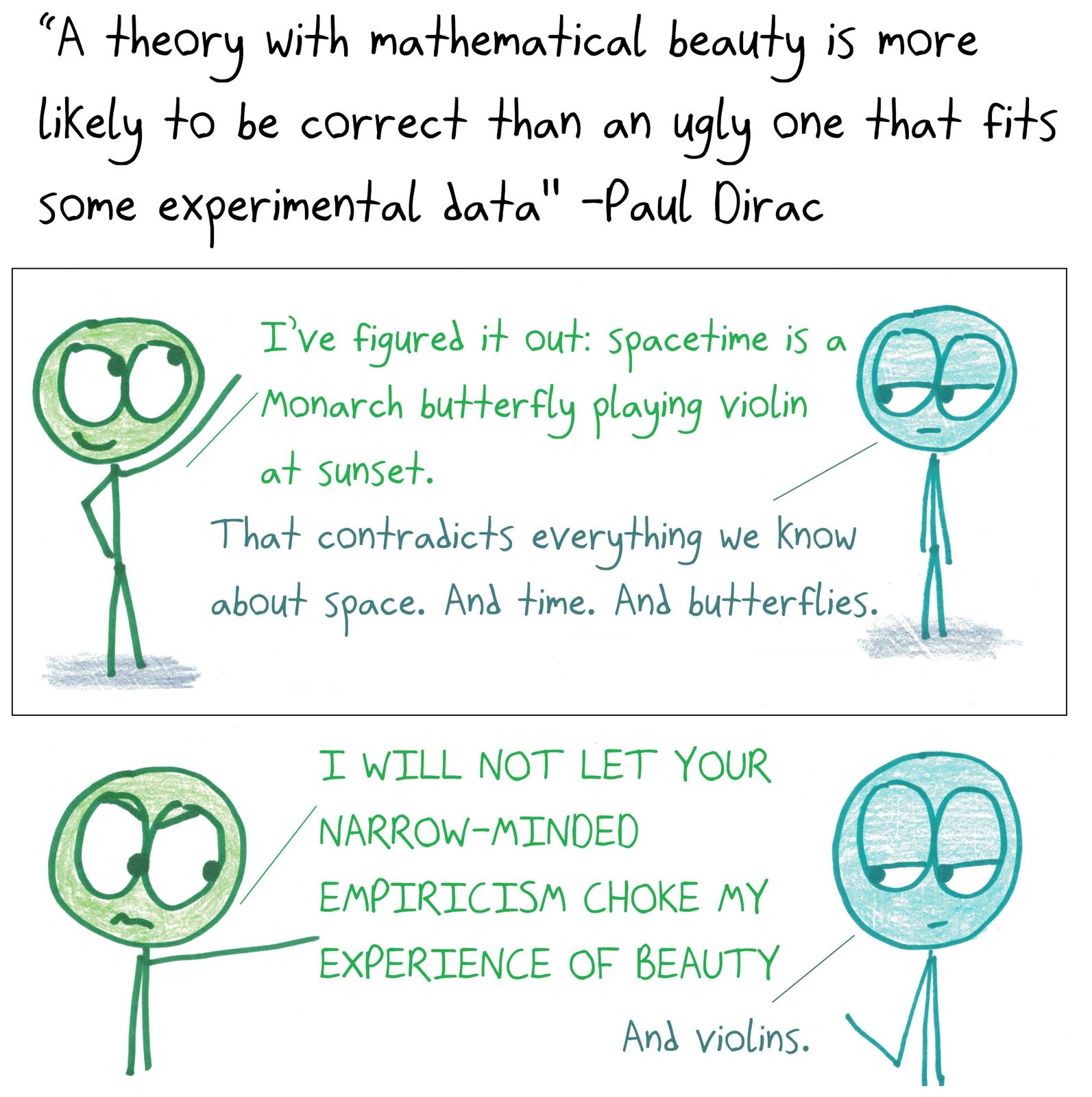 Taking Paul Dirac's maxim too far: a physicist insists spacetime is a butterfly playing violin at sunset, because it's beautiful, data be damned.