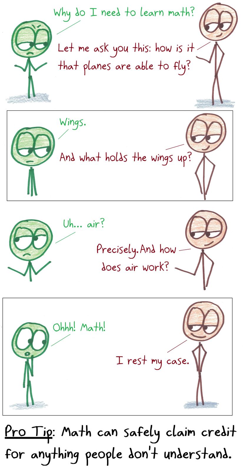 A teacher wins the 'why learn math?' argument by leading a student to credit math for anything they don't understand.