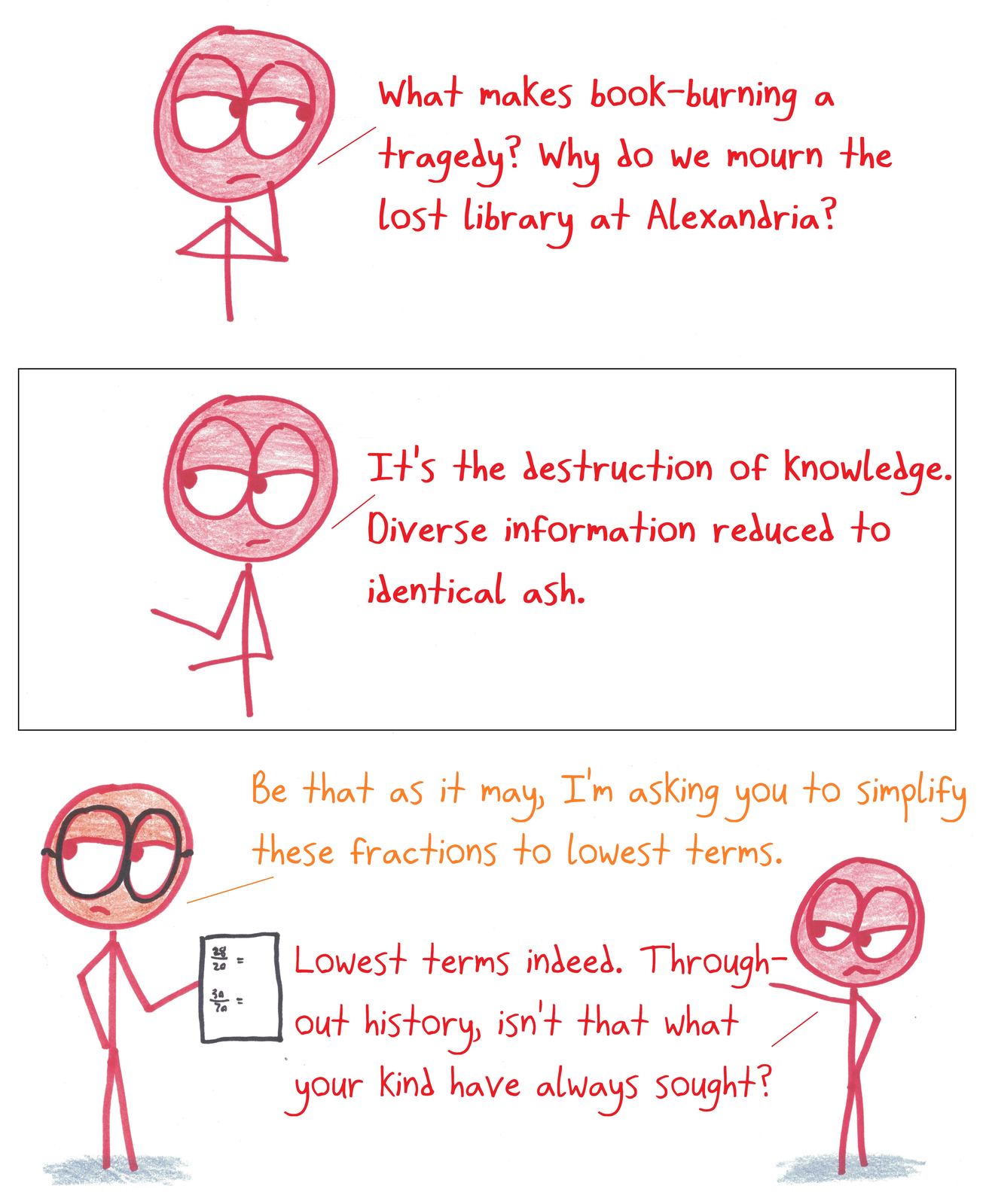 A student melodramatically compares simplifying fractions to burning the Library of Alexandria.