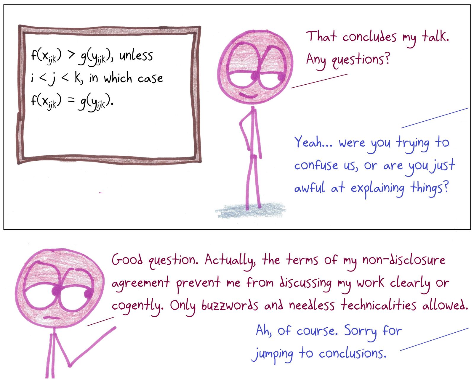 A speaker blames an unclear math talk on a 'non-disclosure agreement' that bans clarity.