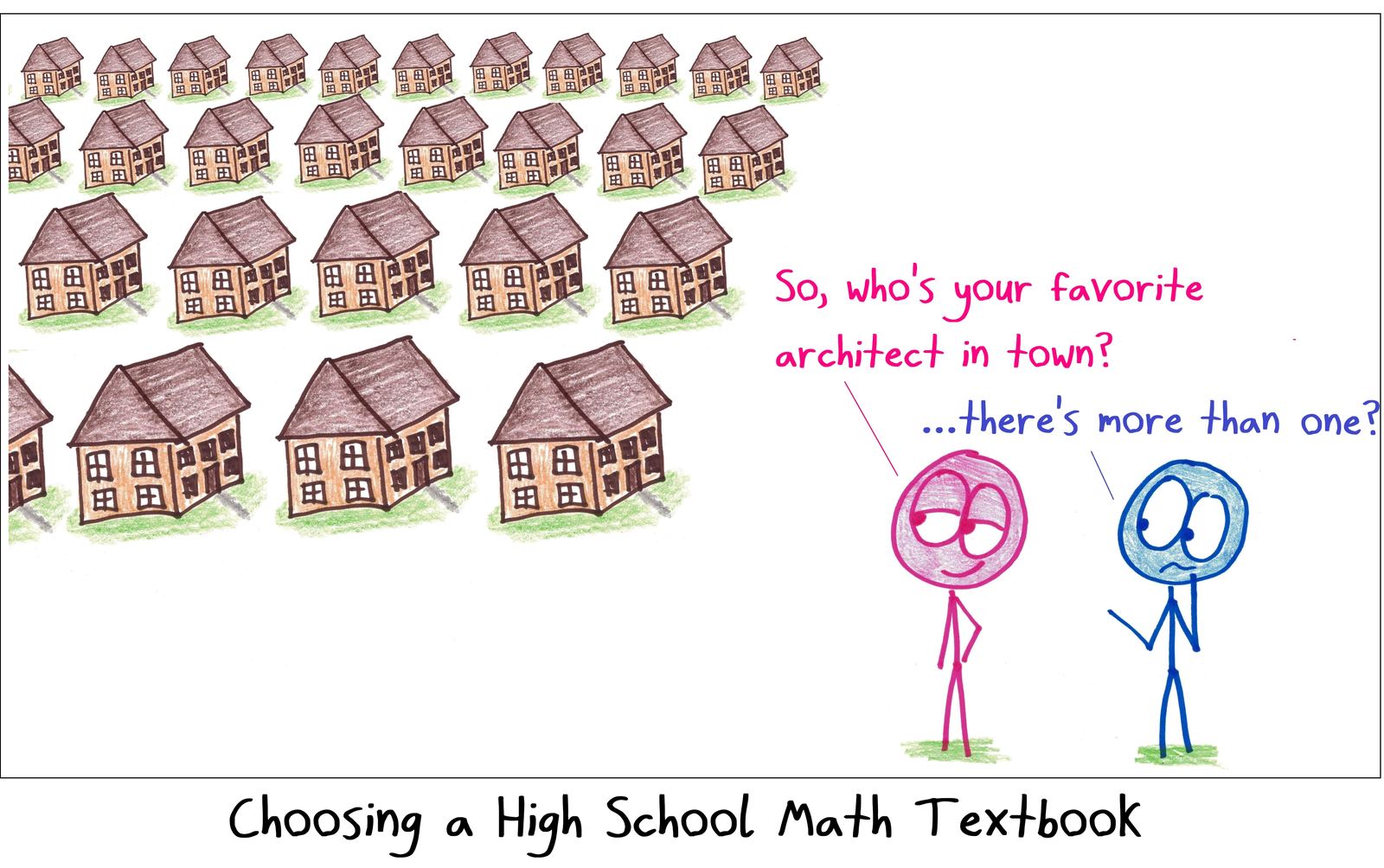 A town of identical houses stands in for the sameness of high school math textbooks.