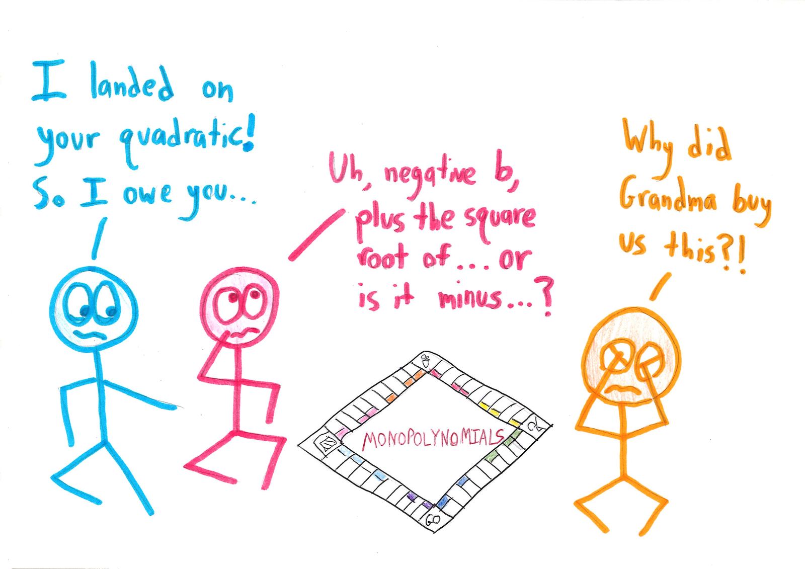 Kids play a Monopoly parody where rent is paid by the quadratic formula, which nobody can remember.