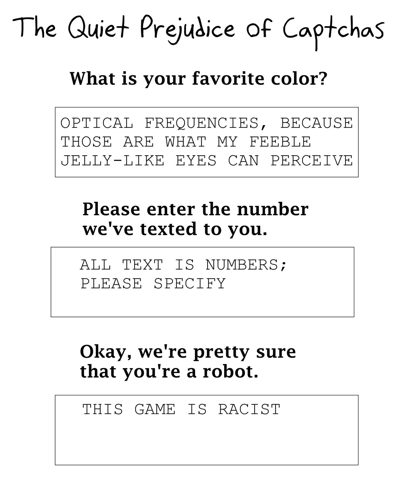 A robot's overly literal answers to captcha questions get it flagged, and it cries prejudice.