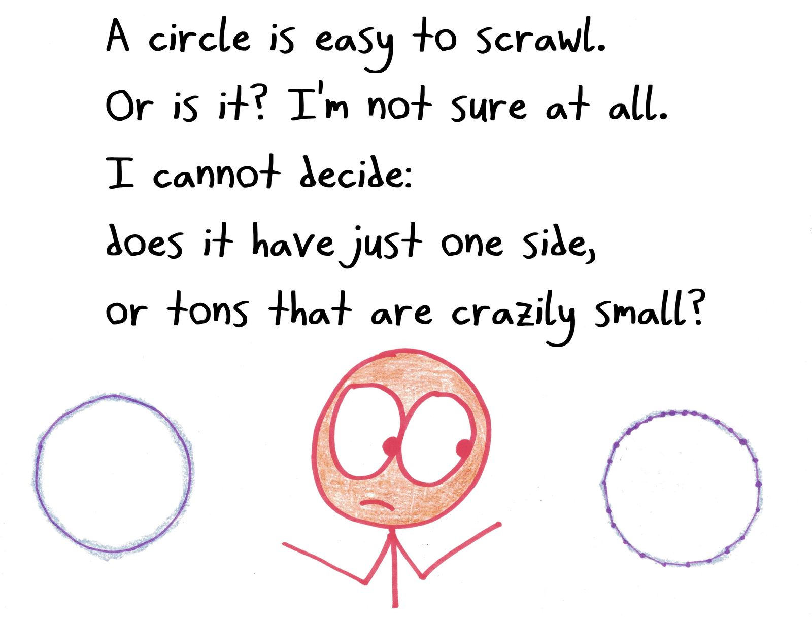 A limerick wondering whether a circle has one side or infinitely many tiny ones.