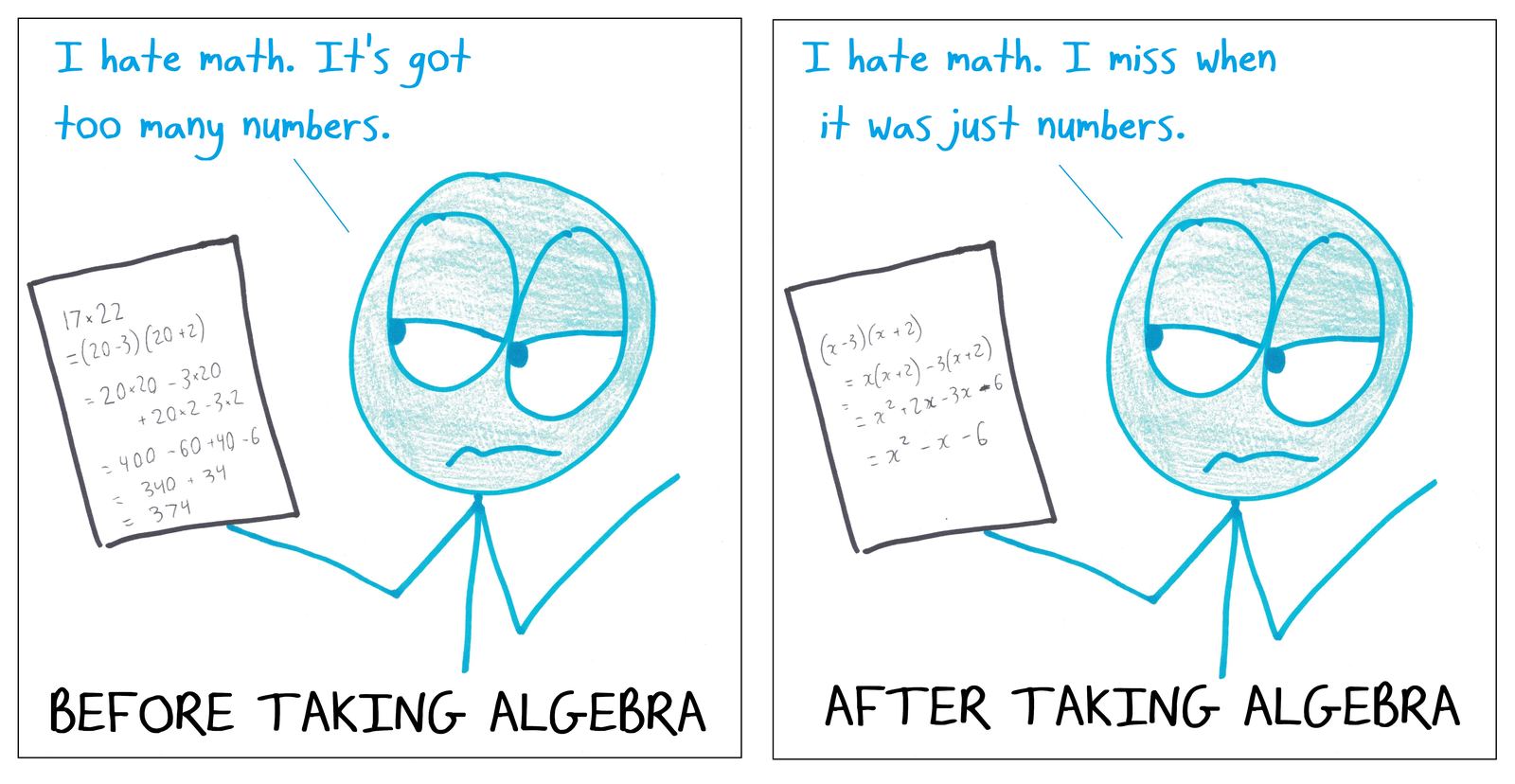 A student hates math for having too many numbers, then after algebra misses when it was just numbers.