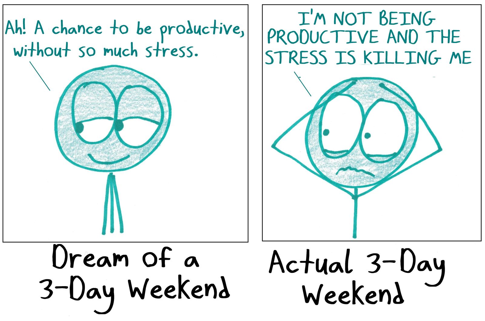 The imagined calm, productive long weekend versus the stressed, unproductive reality.