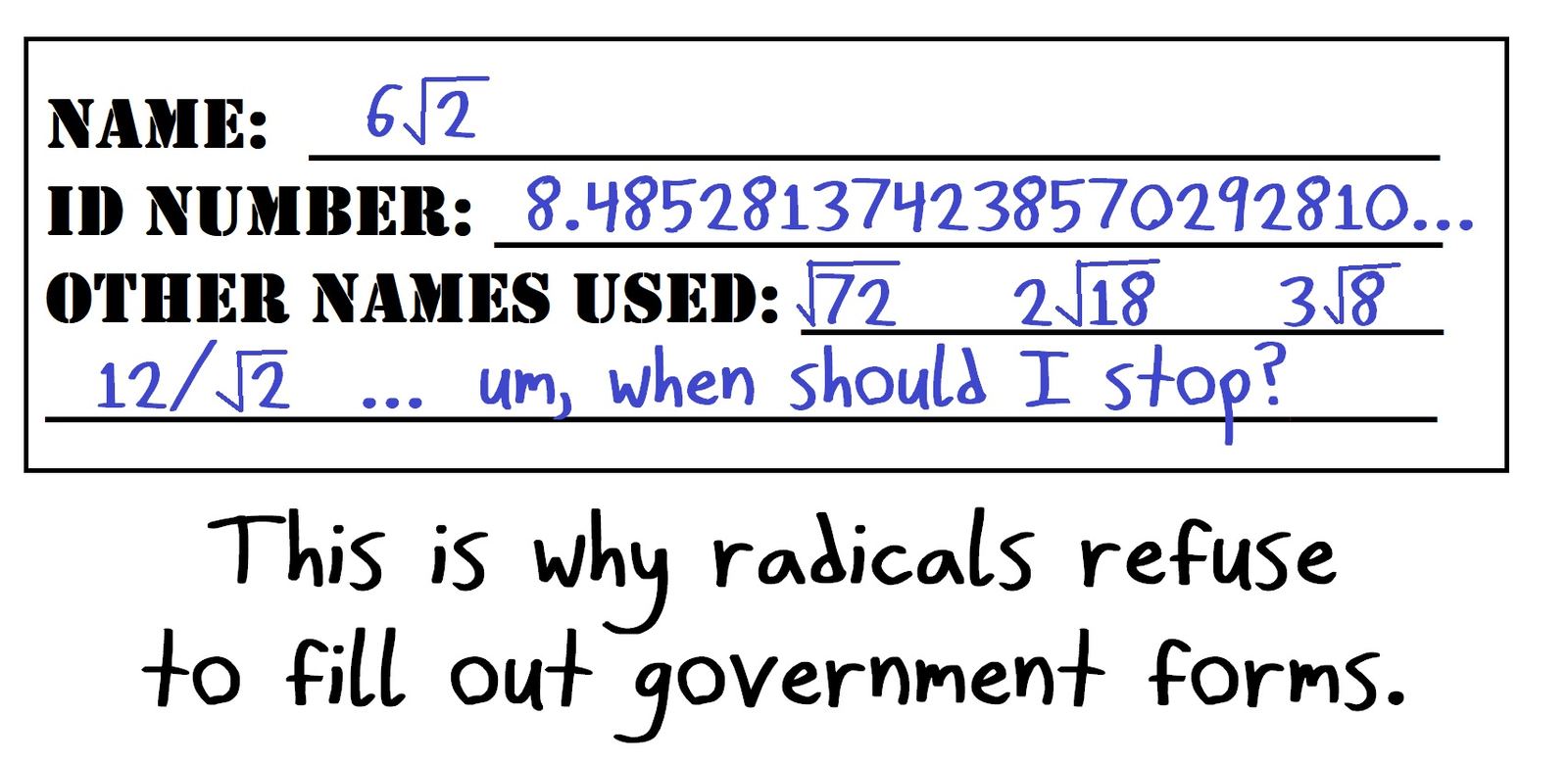 6√2 fills out a government form and can't list all its equivalent forms, so 'radicals refuse to fill out government forms.'