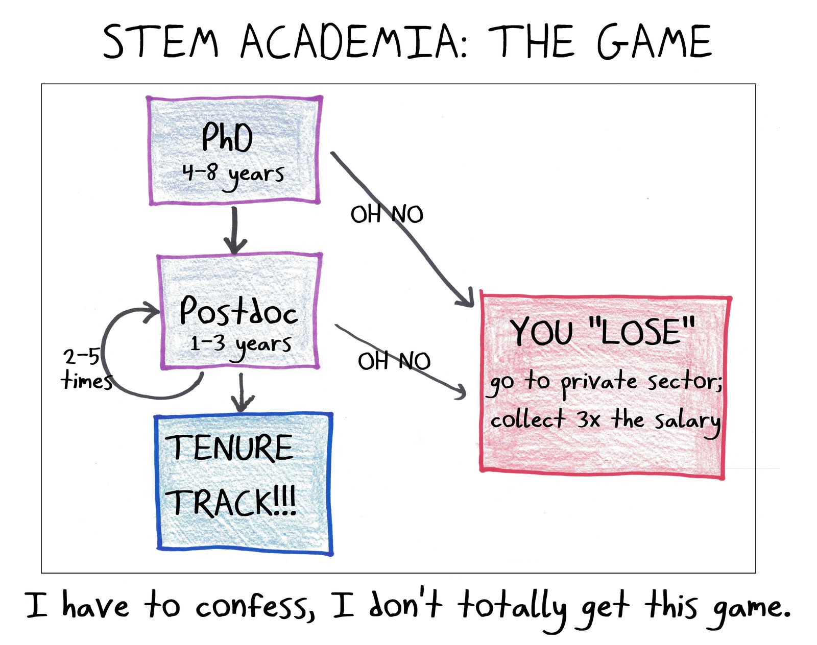 A flowchart of the academic career path where 'losing' means taking a private-sector job at triple the salary.