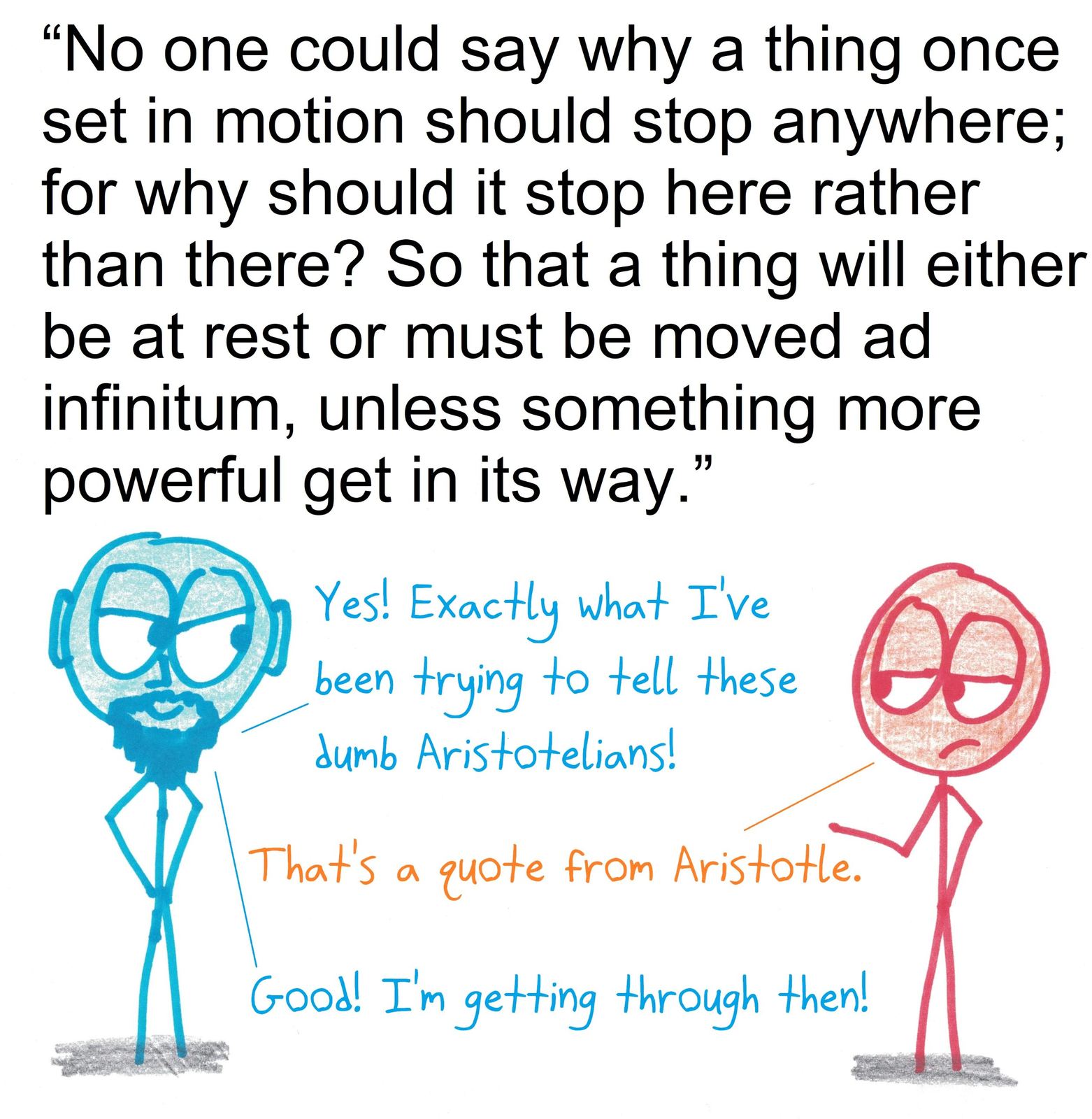 Galileo cheers a statement of inertia as the very thing he's been telling the Aristotelians. Turns out Aristotle wrote it himself.