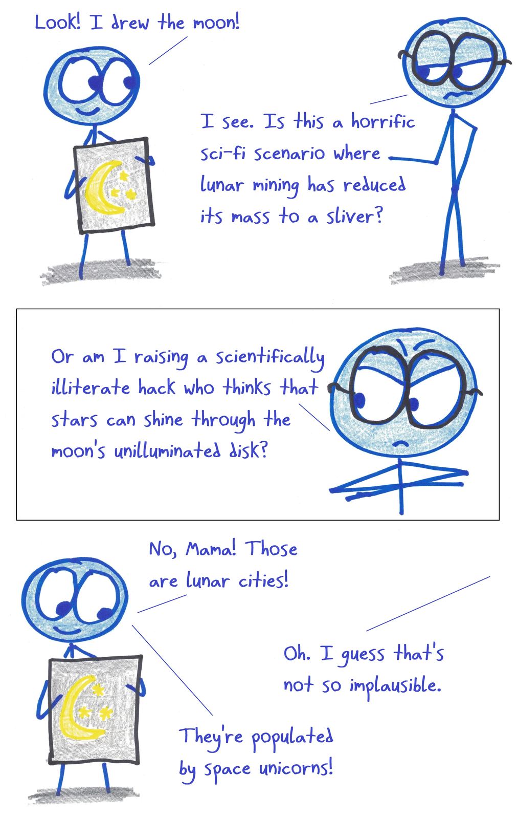A parent critiques a child's moon drawing (stars showing through the dark part) and accepts 'lunar cities with space unicorns' instead.
