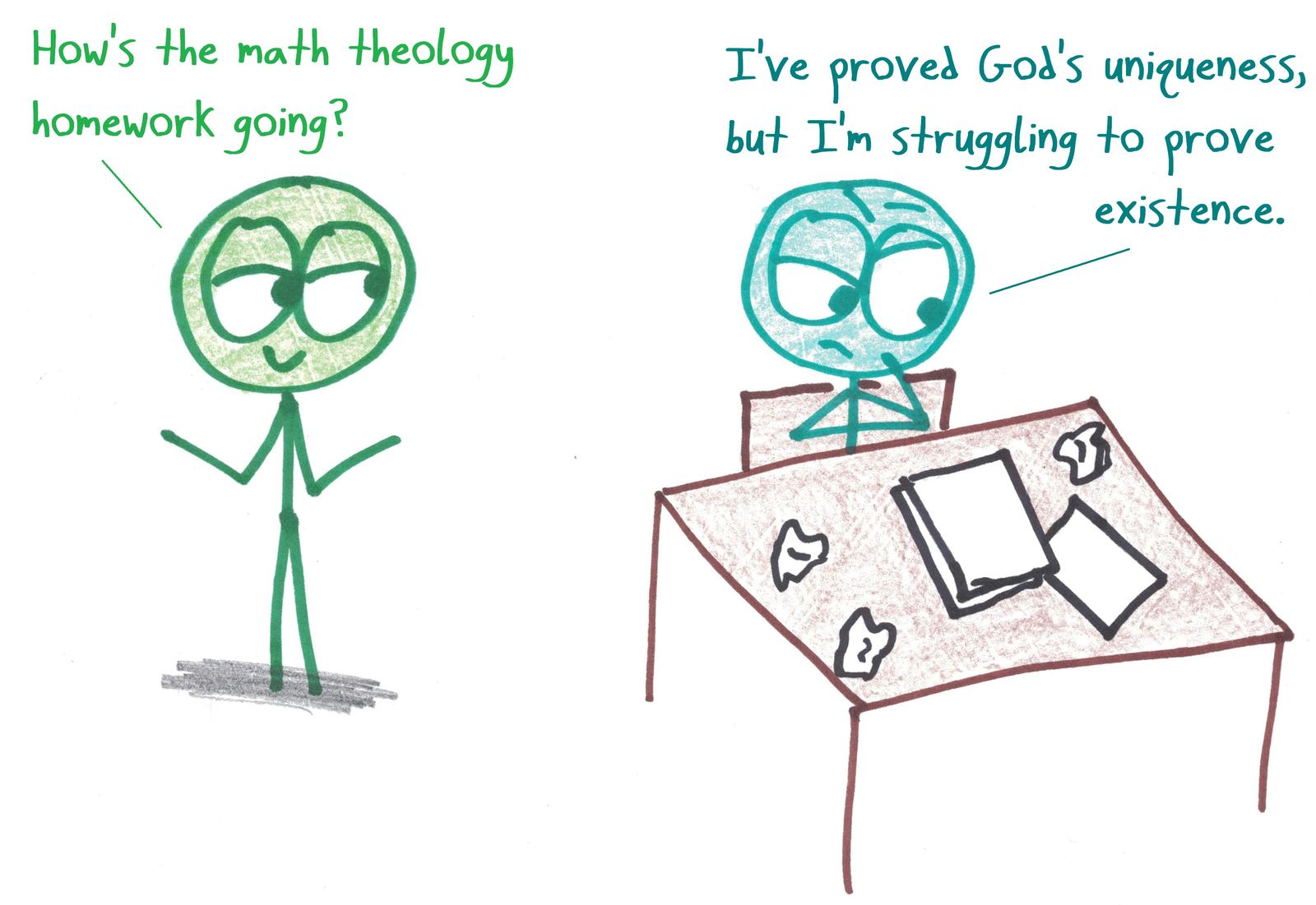 A student working on 'math theology' has proven God's uniqueness but not existence, as in an existence-and-uniqueness theorem.