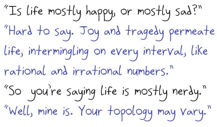 A text-only exchange comparing joy and tragedy to the dense intermingling of rational and irrational numbers.