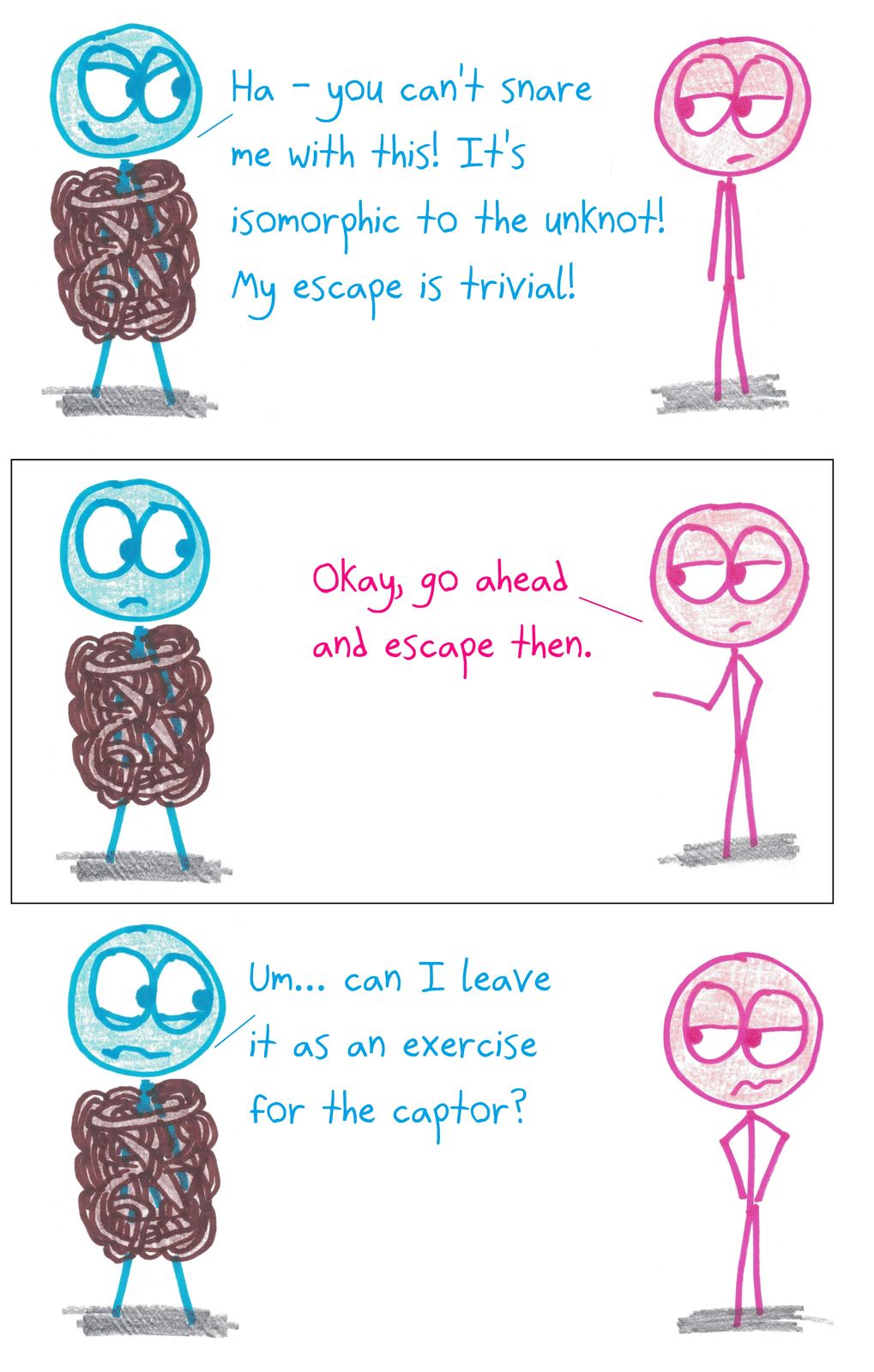 A knot-theorist escape artist knows his bonds are trivially the unknot but can't actually escape.