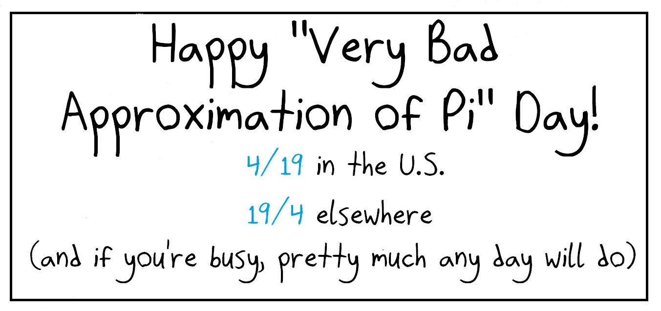 A greeting card for 'Very Bad Approximation of Pi Day': 4/19 or 19/4, neither close to π.