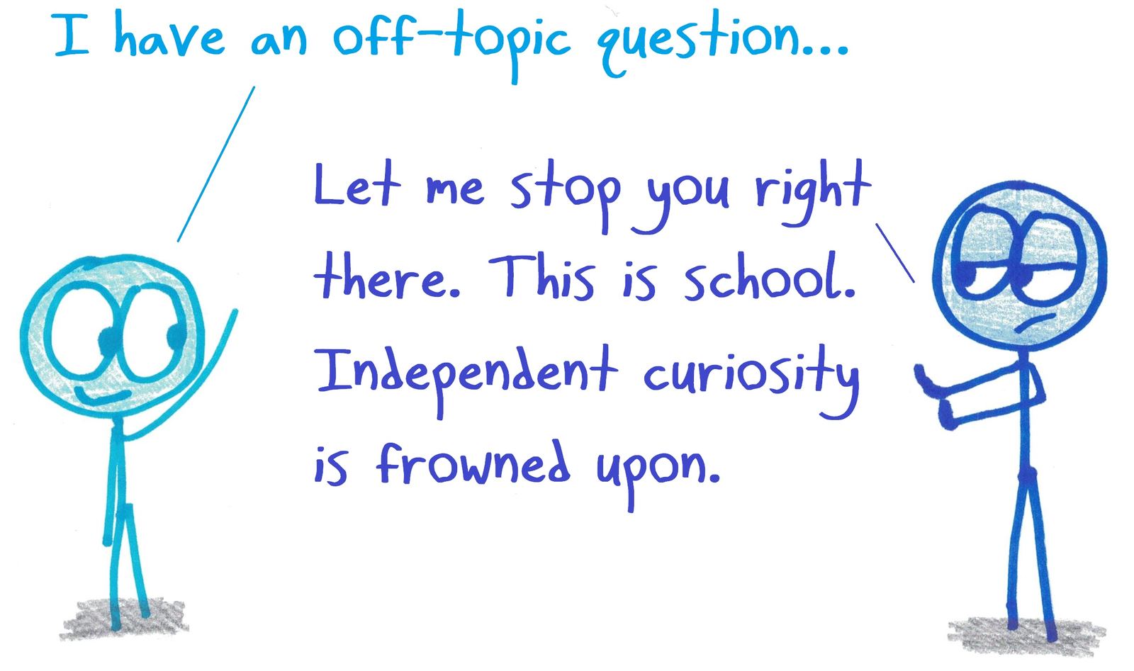 A student starts to ask an off-topic question and is cut off: this is school, where independent curiosity is frowned upon.