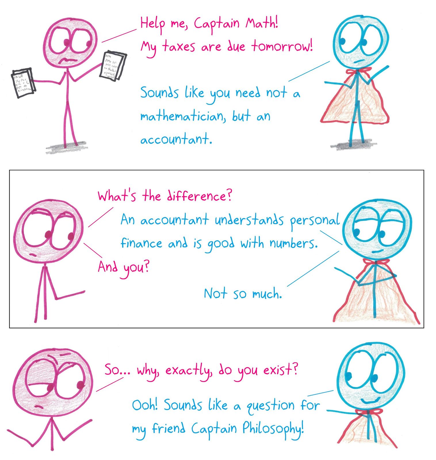 The Adventures of Captain Math: asked to do someone's taxes, Captain Math explains that accountants are the ones good with numbers. Mathematicians, not so much.