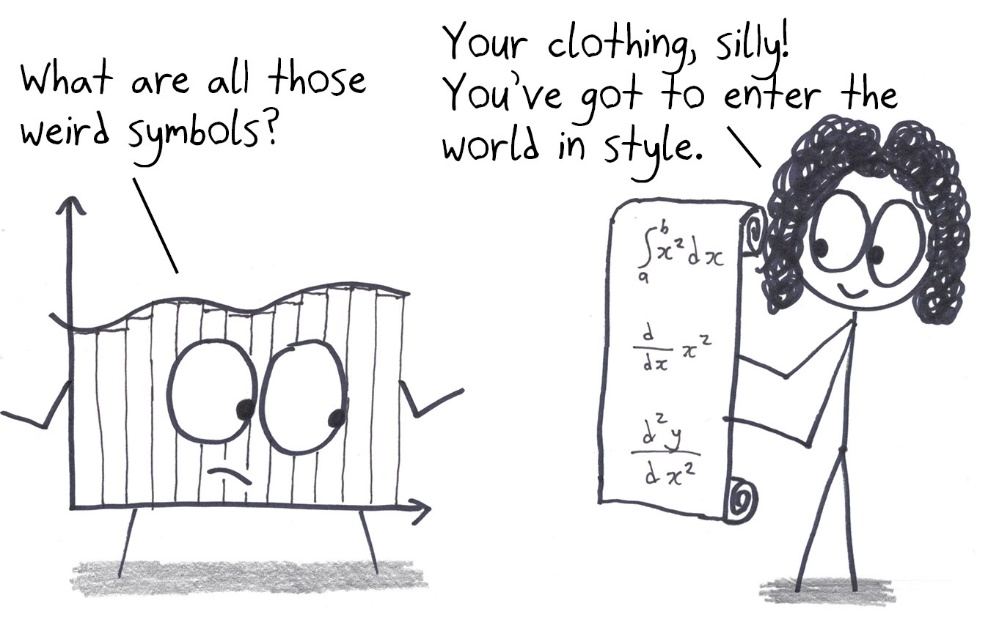 A newborn area-under-a-curve asks about all the strange symbols; its parent explains that calculus notation is the outfit it wears into the world.